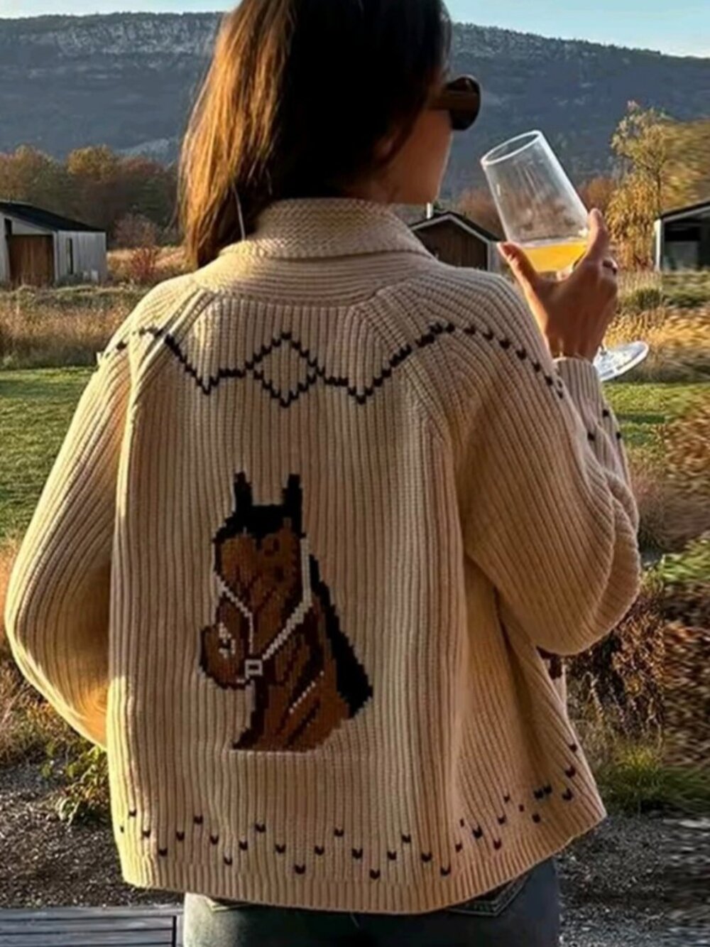 Autumn Boho Knit Jacquard Women's Cardigans Loose Lapel Long Sleeve Contrast - Picture 1 of 5